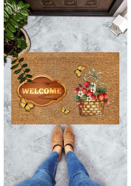 Dijital Baskılı Welcome Yazılı Çiçek Sepeti Desenli Dekoratif Kapı Önü Paspası