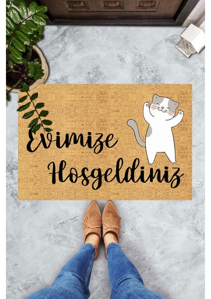 Dijital Baskılı Evimize Hoşgeldiniz Yazılı Kedi Desenli Dekoratif Kapı Önü Paspası