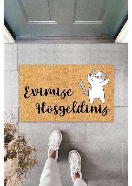 Dijital Baskılı Evimize Hoşgeldiniz Yazılı Kedi Desenli Dekoratif Kapı Önü Paspası