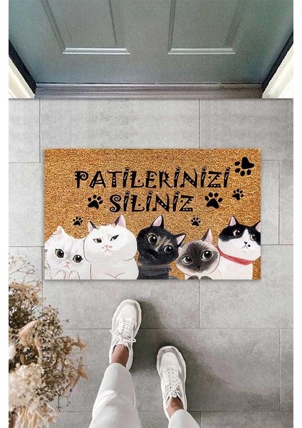 Dijital Baskılı Patilerinizi Siliniz Yazılı Kedi Desenli Dekoratif Kapı Önü Paspası