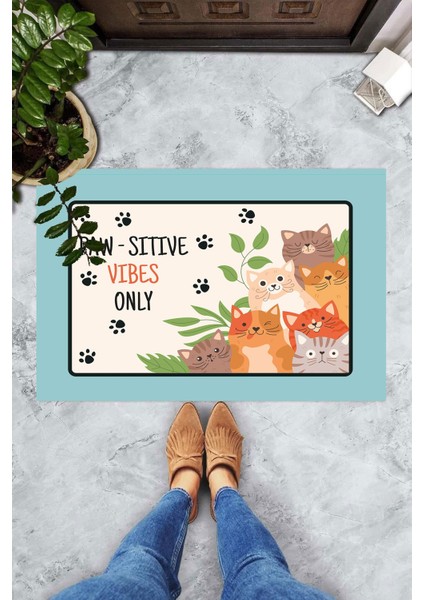 Dijital Baskılı Paw-Sitive Vibes Only Yazılı Dekoratif Kapı Önü Paspası