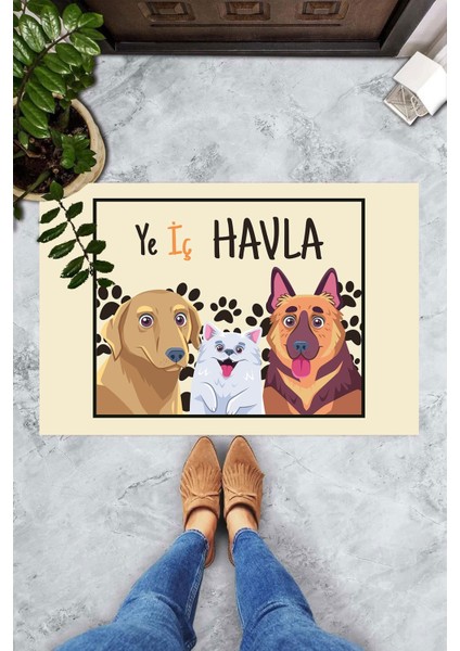 Dijital Baskılı Ye Iç Havla Yazılı Köpek Desenli Dekoratif Kapı Önü Paspası