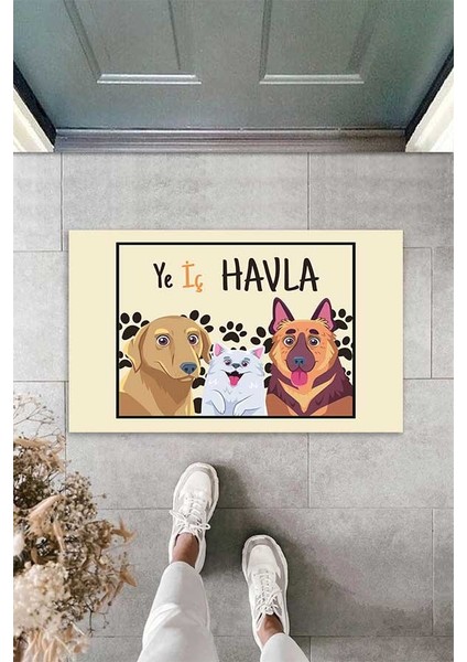 Dijital Baskılı Ye Iç Havla Yazılı Köpek Desenli Dekoratif Kapı Önü Paspası