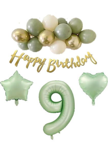 9 Yaş Happy Bırthday Yazılı Banner Su Yeşili Renk Rakam Kalp Yıldız Folyo ve Latex Balon Seti