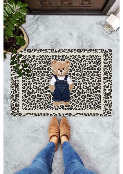 Dijital Baskılı Leopar Desenli Ayıcık Motifli Dekoratif Kapı Önü Paspası modelleri