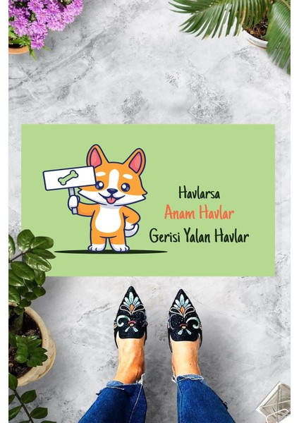 Dijital Baskılı Havlarsa Anam Havlar Gerisi Yalan Havlar Yazılı Dekoratif Kapı Önü Paspası