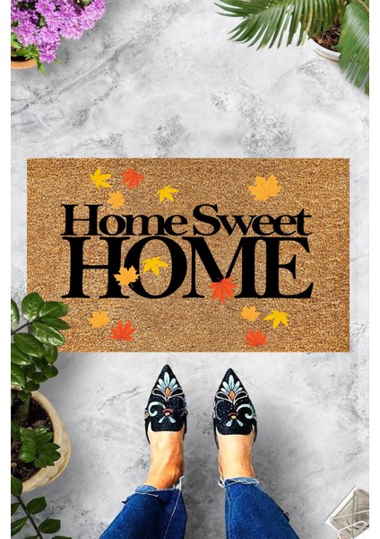 Dijital Baskılı Sonbahar Yaprakları Desenli Home Sweet Home Yazıllı Dekoratif Kapı Önü Paspası