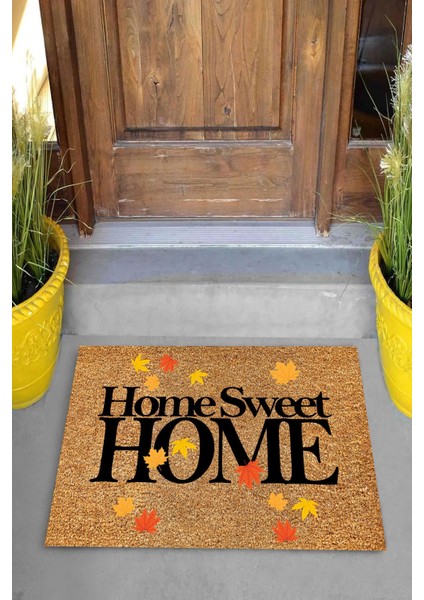 Dijital Baskılı Sonbahar Yaprakları Desenli Home Sweet Home Yazıllı Dekoratif Kapı Önü Paspası