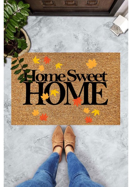 Dijital Baskılı Sonbahar Yaprakları Desenli Home Sweet Home Yazıllı Dekoratif Kapı Önü Paspası