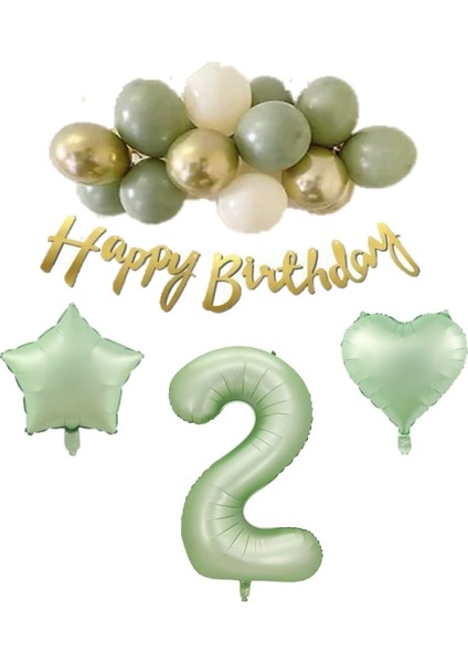 2 Yaş Happy Bırthday Yazılı Banner Su Yeşili Renk Rakam Kalp Yıldız Folyo ve Latex Balon Seti