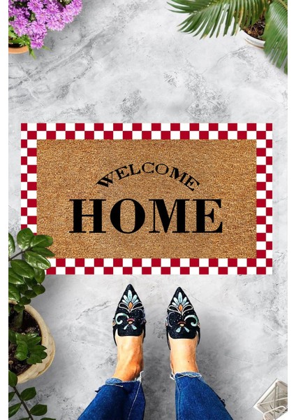 Dijital Baskılı Welcome Home Yazılı Kırmızı Dama Figürlü Dekoratif Kapı Önü Paspası