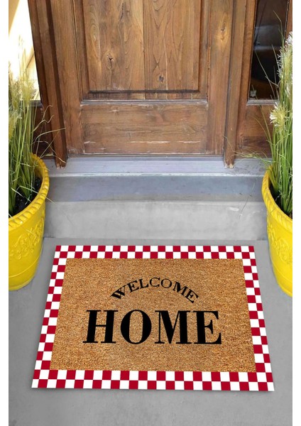 Dijital Baskılı Welcome Home Yazılı Kırmızı Dama Figürlü Dekoratif Kapı Önü Paspası