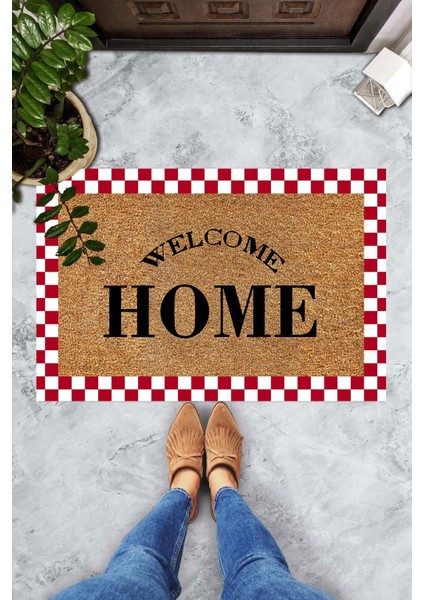 Dijital Baskılı Welcome Home Yazılı Kırmızı Dama Figürlü Dekoratif Kapı Önü Paspası