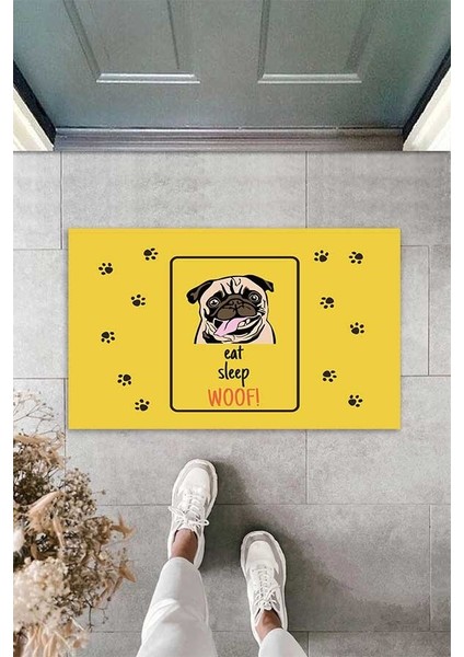 Dijital Baskılı Eat Sleep Woof Yazılı Köpek Desenli Dekoratif Kapı Önü Paspası