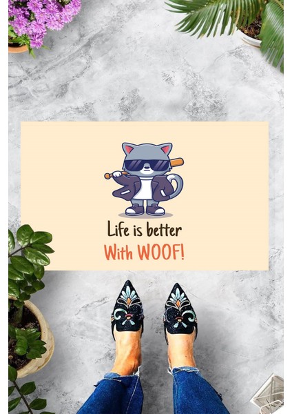 Dijital Baskılı Life Is Better With Woof Yazılı Dekoratif Kapı Önü Paspası