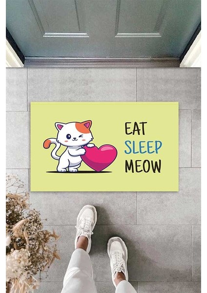 Dijital Baskılı Eat Sleep Meow Yazılı Kedi Desenli Dekoratif Kapı Önü Paspası