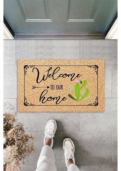 Dijital Baskılı Welcome To Our Home Yazılı Dekoratif Kapı Önü Paspası