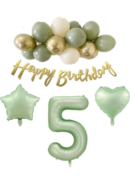 5 Yaş Happy Bırthday Yazılı Banner Su Yeşili Renk Rakam Kalp Yıldız Folyo ve Latex Balon Seti