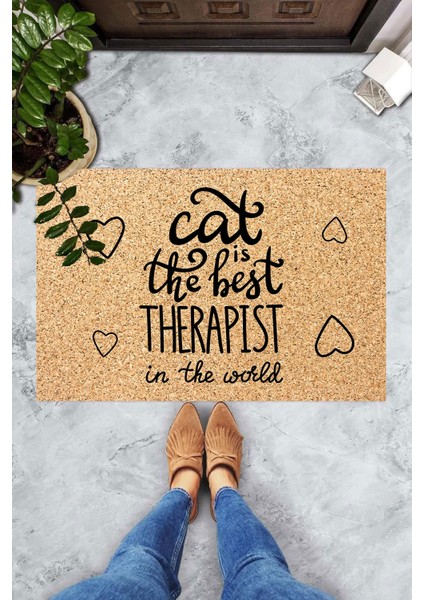 Dijital Baskılı Cat Is The Best Therapist Yazılı Dekoratif Kapı Önü Paspası