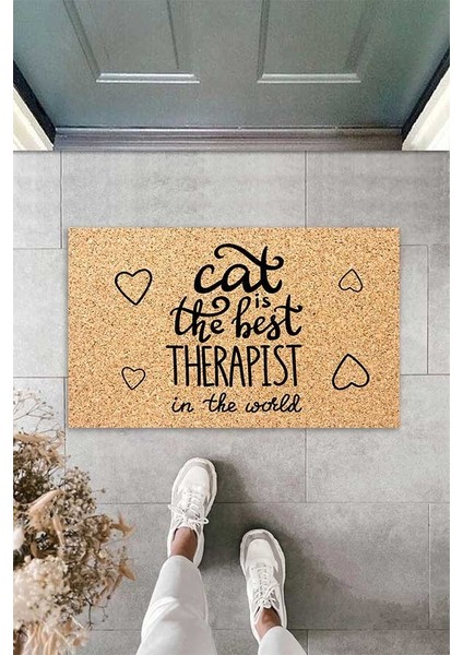 Dijital Baskılı Cat Is The Best Therapist Yazılı Dekoratif Kapı Önü Paspası