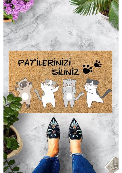 Dijital Baskılı Kedi Desenli Patilerinizi Siliniz Yazılı Dekoratif Kapı Önü Paspası