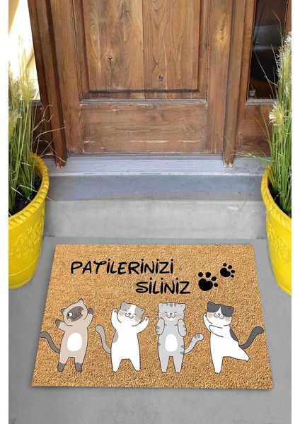 Dijital Baskılı Kedi Desenli Patilerinizi Siliniz Yazılı Dekoratif Kapı Önü Paspası