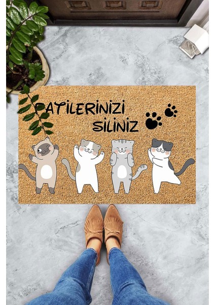 Dijital Baskılı Kedi Desenli Patilerinizi Siliniz Yazılı Dekoratif Kapı Önü Paspası