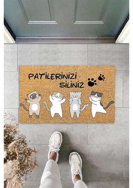 Dijital Baskılı Kedi Desenli Patilerinizi Siliniz Yazılı Dekoratif Kapı Önü Paspası