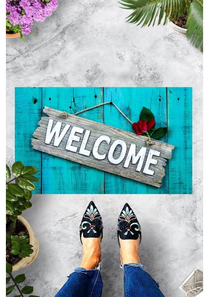 Dijital Baskılı Kapı Üzerine Welcome Yazılı Dekoratif Kapı Önü Paspası