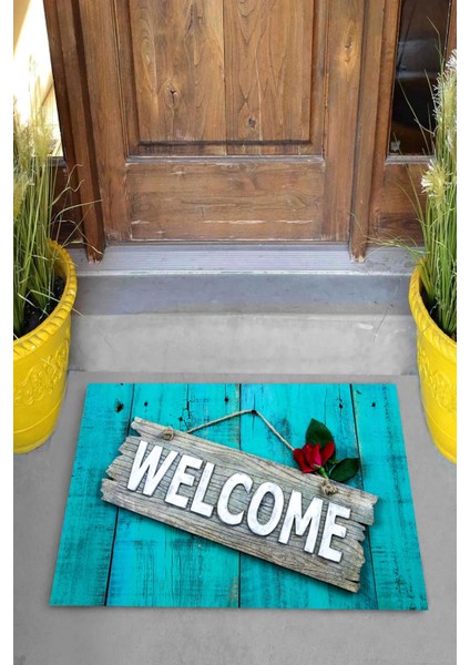 Dijital Baskılı Kapı Üzerine Welcome Yazılı Dekoratif Kapı Önü Paspası