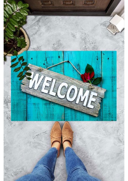 Dijital Baskılı Kapı Üzerine Welcome Yazılı Dekoratif Kapı Önü Paspası