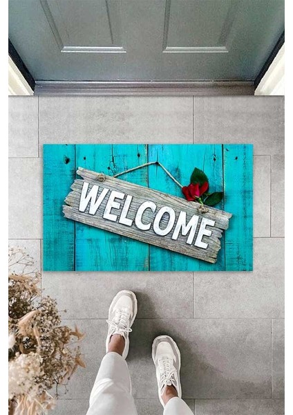 Dijital Baskılı Kapı Üzerine Welcome Yazılı Dekoratif Kapı Önü Paspası