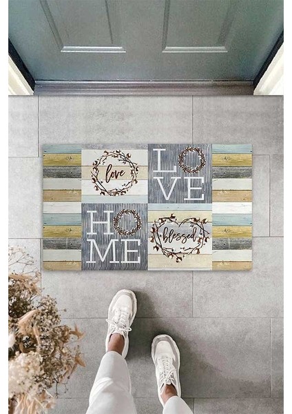 Dijital Baskılı Love ve Home Yazılı Dekoratif Kapı Önü Paspası