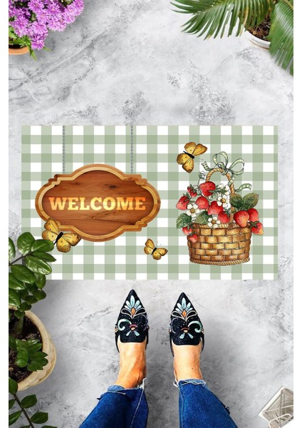 Dijital Baskılı Welcome Yazılı Çiçek Sepeti Desenli Dekoratif Kapı Önü Paspası