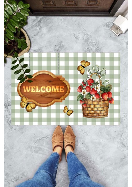 Dijital Baskılı Welcome Yazılı Çiçek Sepeti Desenli Dekoratif Kapı Önü Paspası