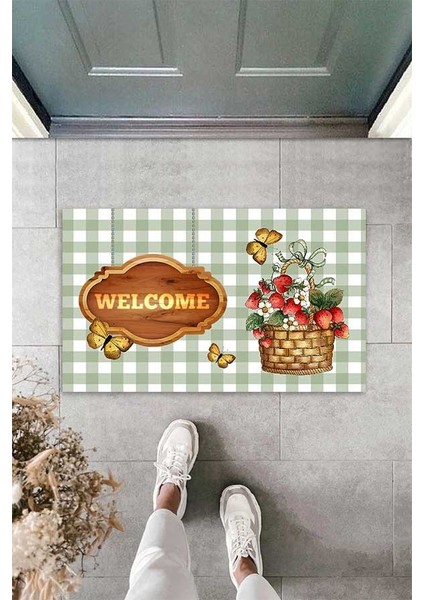 Dijital Baskılı Welcome Yazılı Çiçek Sepeti Desenli Dekoratif Kapı Önü Paspası