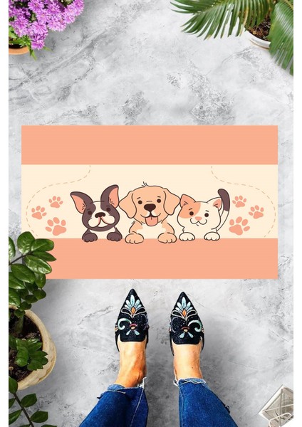 Dijital Baskılı Kedi ve Köpek Desenli Dekoratif Kapı Önü Paspası