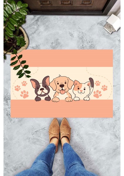 Dijital Baskılı Kedi ve Köpek Desenli Dekoratif Kapı Önü Paspası