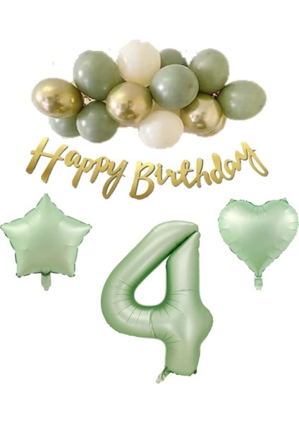 4 Yaş Happy Bırthday Yazılı Banner Su Yeşili Renk Rakam Kalp Yıldız Folyo ve Latex Balon Seti