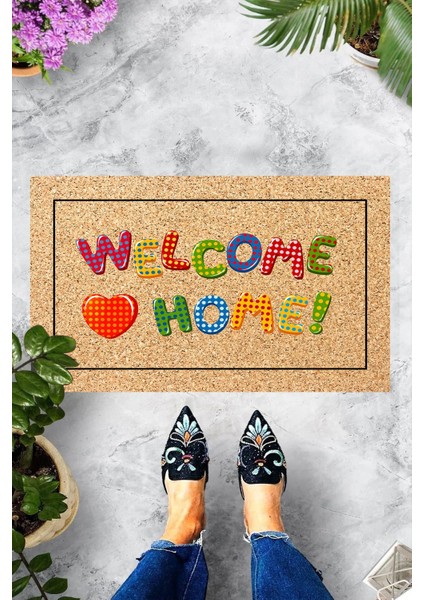 Dijital Baskılı Çok Renkli Welcome Home Yazılı Dekoratif Kapı Önü Paspası