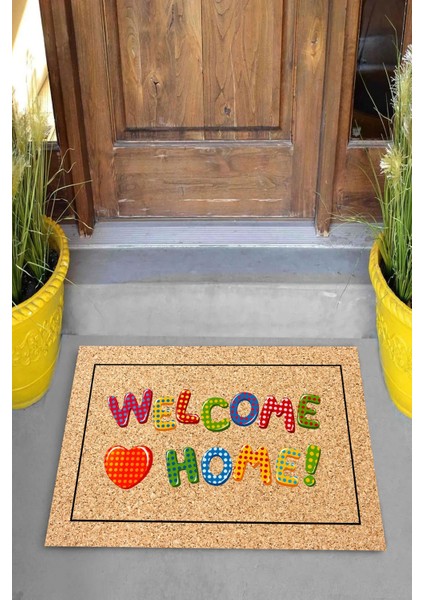 Dijital Baskılı Çok Renkli Welcome Home Yazılı Dekoratif Kapı Önü Paspası