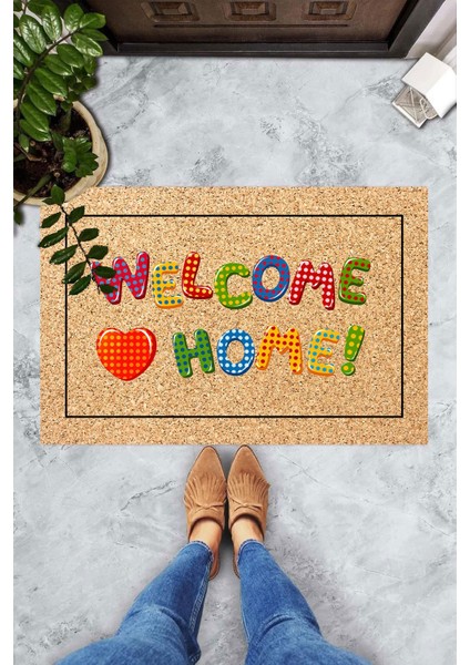 Dijital Baskılı Çok Renkli Welcome Home Yazılı Dekoratif Kapı Önü Paspası