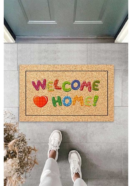 Dijital Baskılı Çok Renkli Welcome Home Yazılı Dekoratif Kapı Önü Paspası