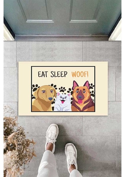 Dijital Baskılı Eat Sleep Woof Yazılı Köpek Desenli Dekoratif Kapı Önü Paspası