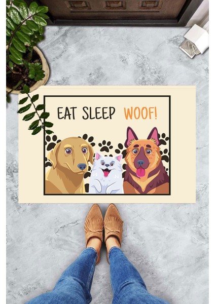 Dijital Baskılı Eat Sleep Woof Yazılı Köpek Desenli Dekoratif Kapı Önü Paspası