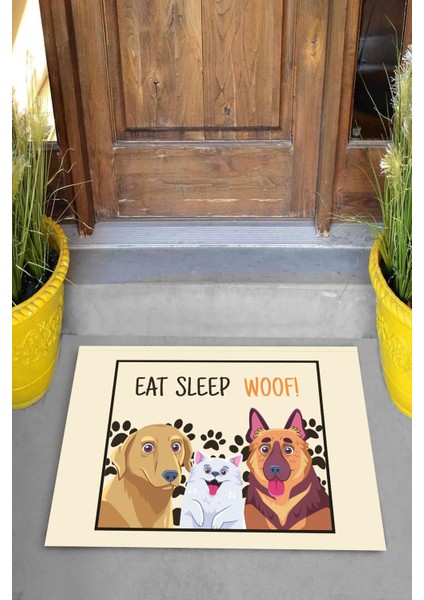 Dijital Baskılı Eat Sleep Woof Yazılı Köpek Desenli Dekoratif Kapı Önü Paspası