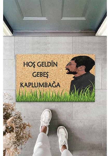 Dijital Baskılı Hoşgeldin Gebeş Kaplumbağa Yazılı Dekoratif Kapı Önü Paspası