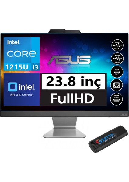 A3402WBAK-I38512B0 Intel Core İ3-1215U 16GB 2tb SSD Fhd 23.8'' Freedos All-In-One Masaüstü Bilgisayar AI38512B007+ZETTAUSBBELLEK