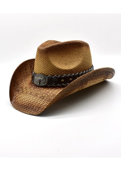 Deri Şeritli Boğa Figürlü Hasır Şapka Premium Classic Western Festival Beach Rave Hat