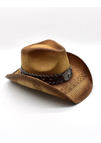 Deri Şeritli Boğa Figürlü Hasır Şapka Premium Classic Western Festival Beach Rave Hat fiyatları